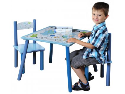 Dětský stůl se 2 židlemi ze dřeva, nábytek pro chlapce v modré barvě s motivem dinosaura