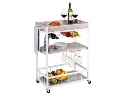 Kuchyňský vozík RUSTICO, třístupňový stojan na kolečkách s držáky na lahve a brýle - 80 x 89,5 x 40 cm, WENKO