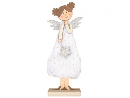 Anděl dřevěný v bílých šatech 16 cm, na postavení