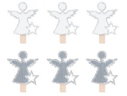 Anděl dřevěný na kolíčku 4 cm šedý a bílý, 6 ks