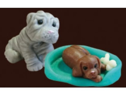 Cukrová dekorácia psík so šťeňaťom v pelechu (Variant "2" kus psík a modrý pelech plus biely pes)