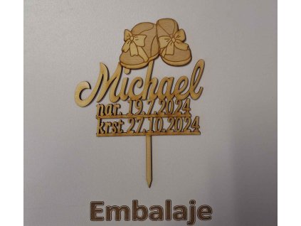 Drevený zápich Krstiny Meno/Dátum/Papučky