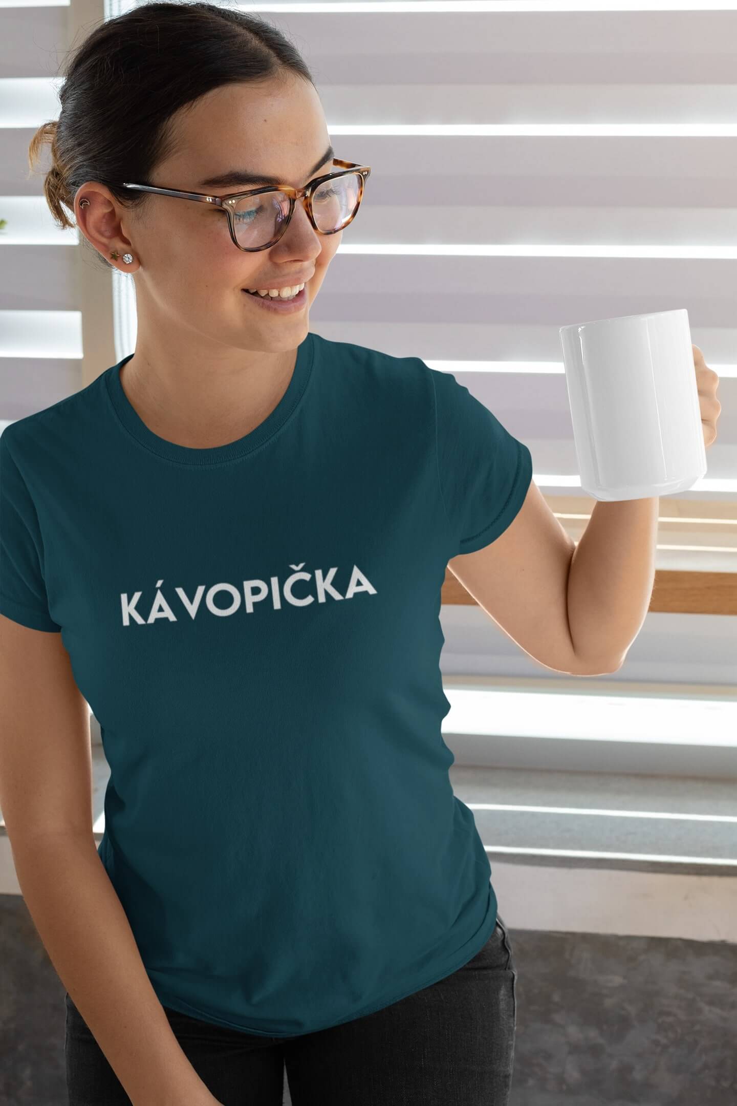 Levně Dámské tričko Kávopička Barva: Petrolejová modrá