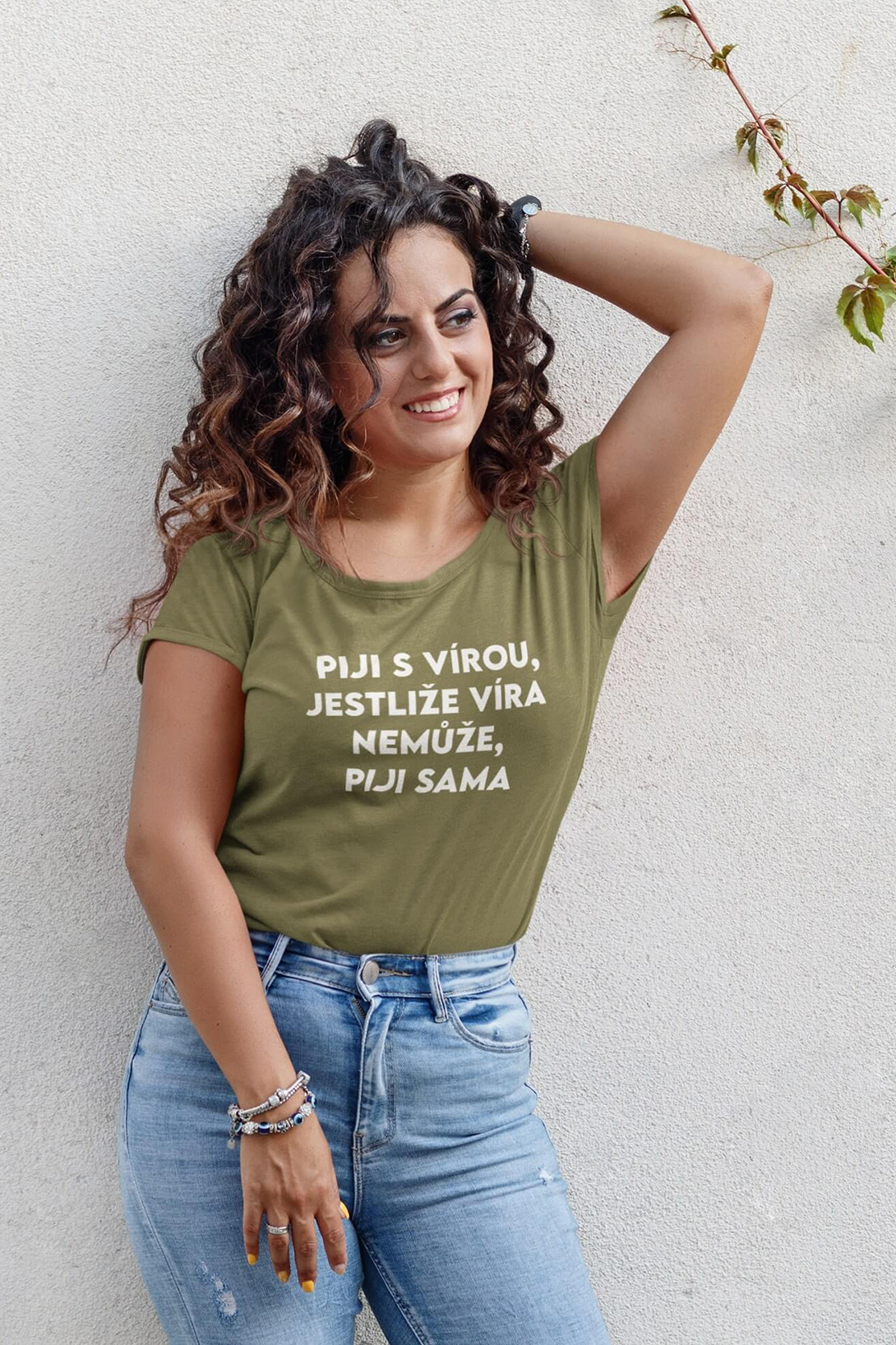 Levně Dámské tričko Piji s Vírou Barva: Svetlá khaki
