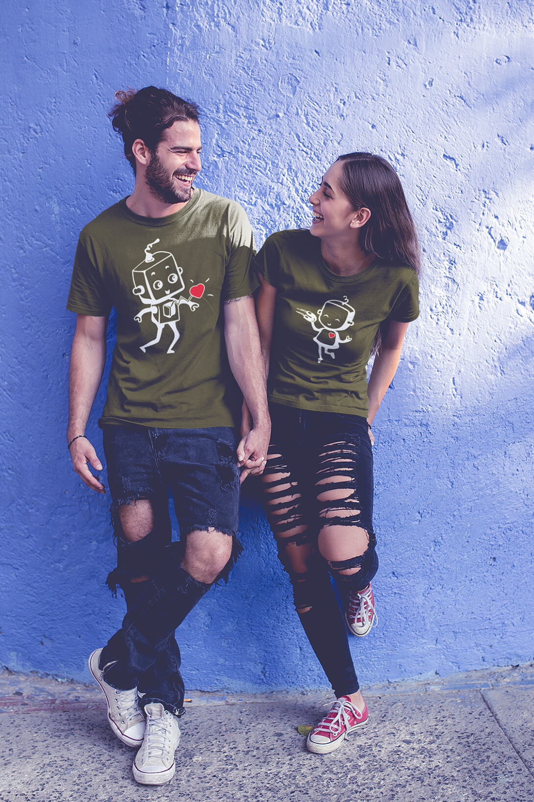 Trička pro páry Zamilované roboty Barva: Khaki, Dámska velikost: S, Pánska velikost: 4XL