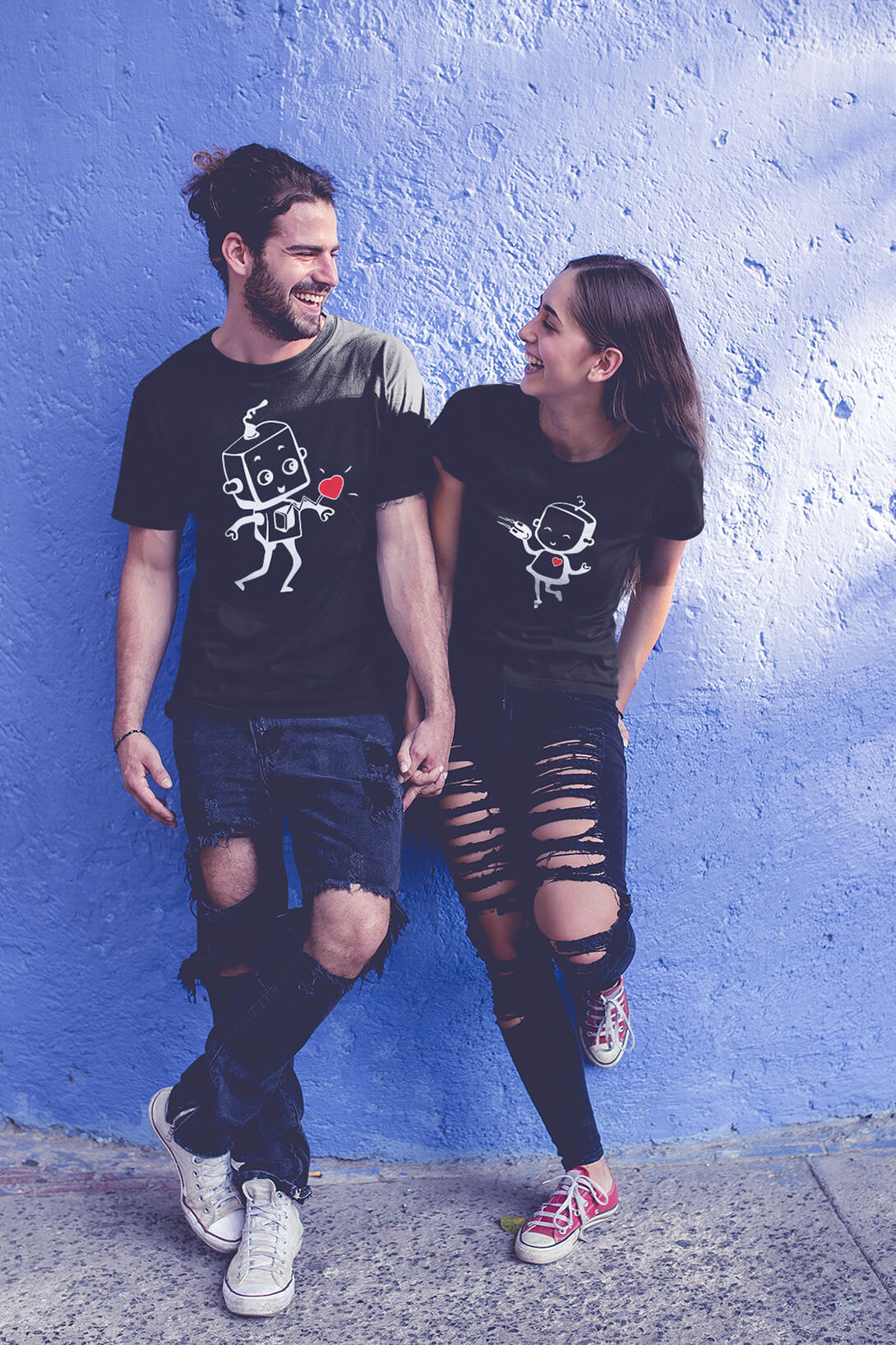 Trička pro páry Zamilované roboty Barva: Černá, Dámska velikost: M, Pánska velikost: 2XL