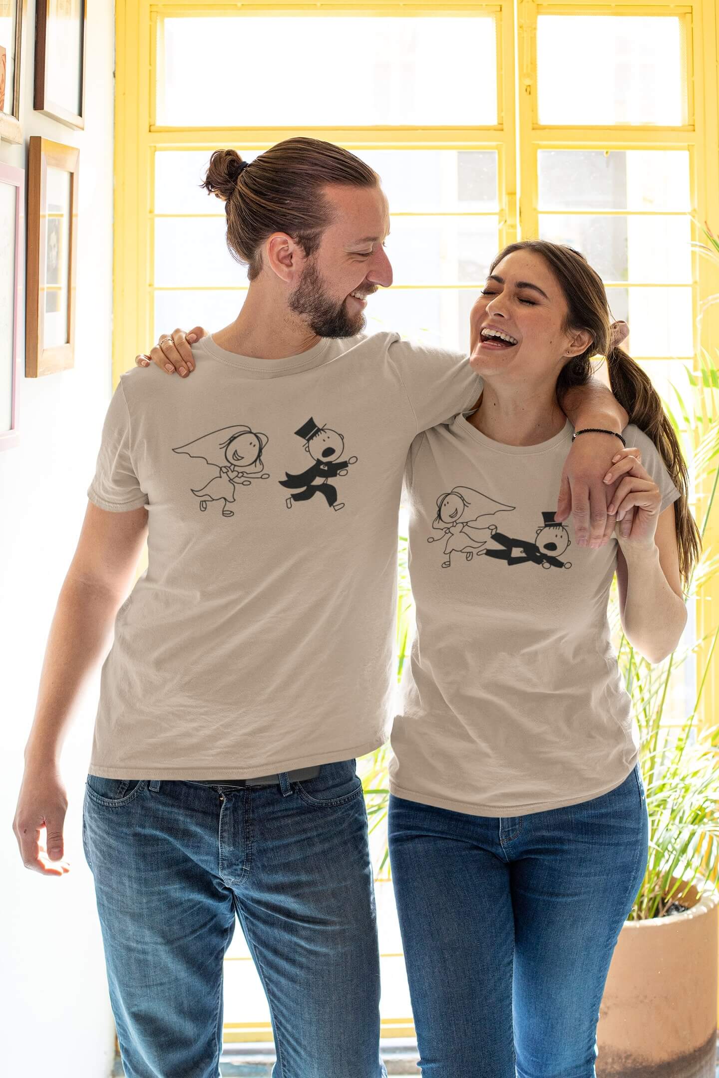 Trička pro páry Svatební pár Barva: Písková, Dámska velikost: XS, Pánska velikost: XL