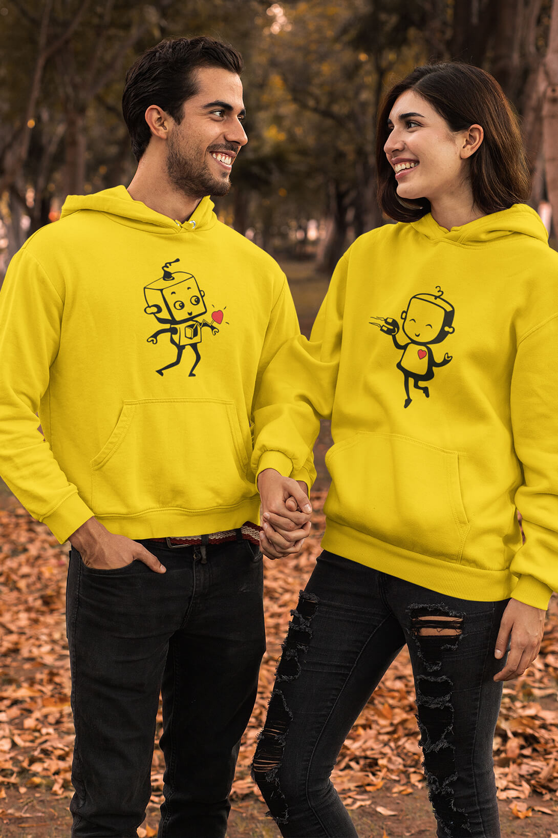 Mikiny pro páry Zamilované roboty Barva: Žlutá, Dámska velikost: XS, Pánska velikost: 4XL