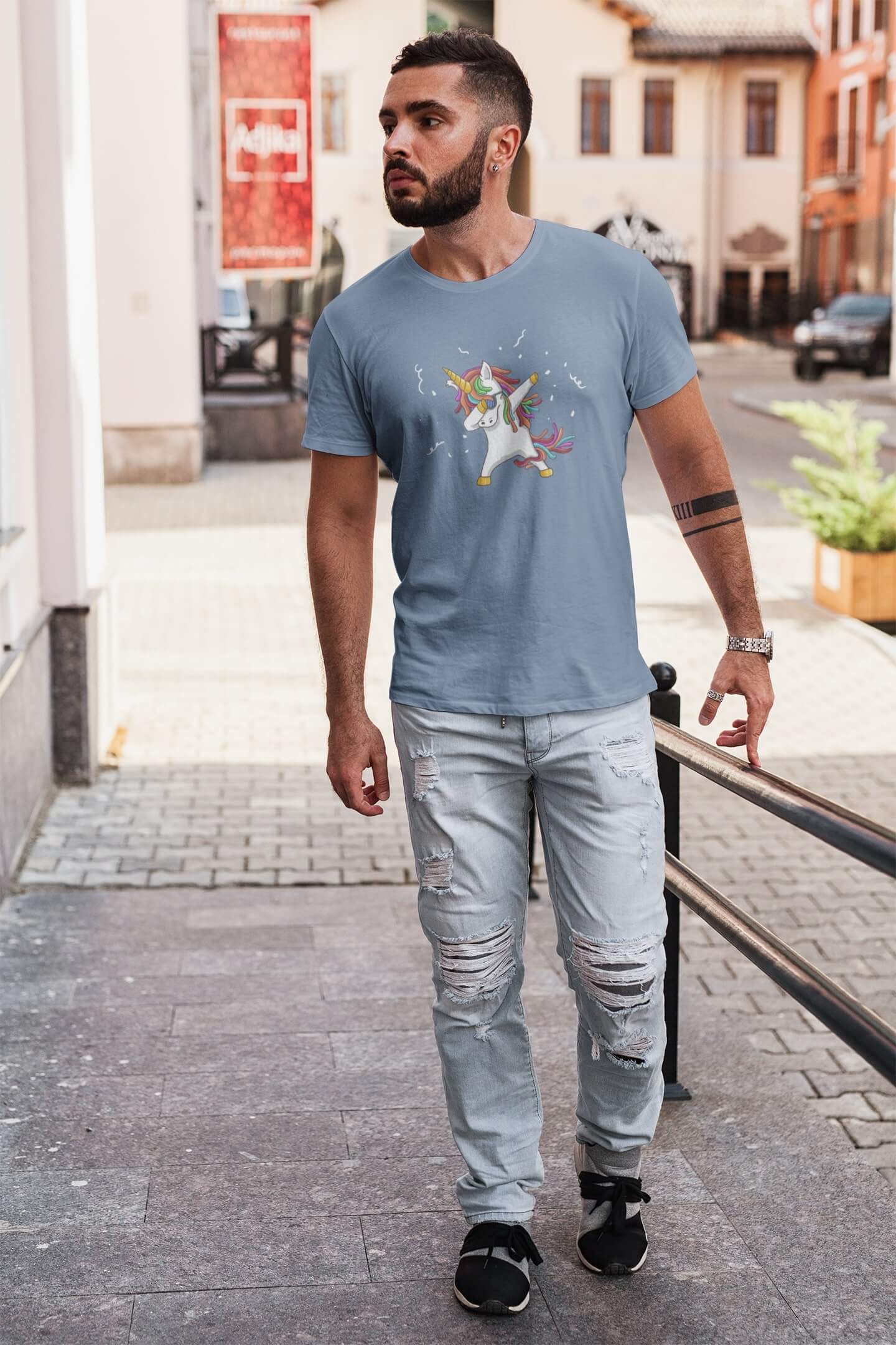 Pánské tričko Dabujúci unicorn Barva: Nebeská modrá, Velikost: L