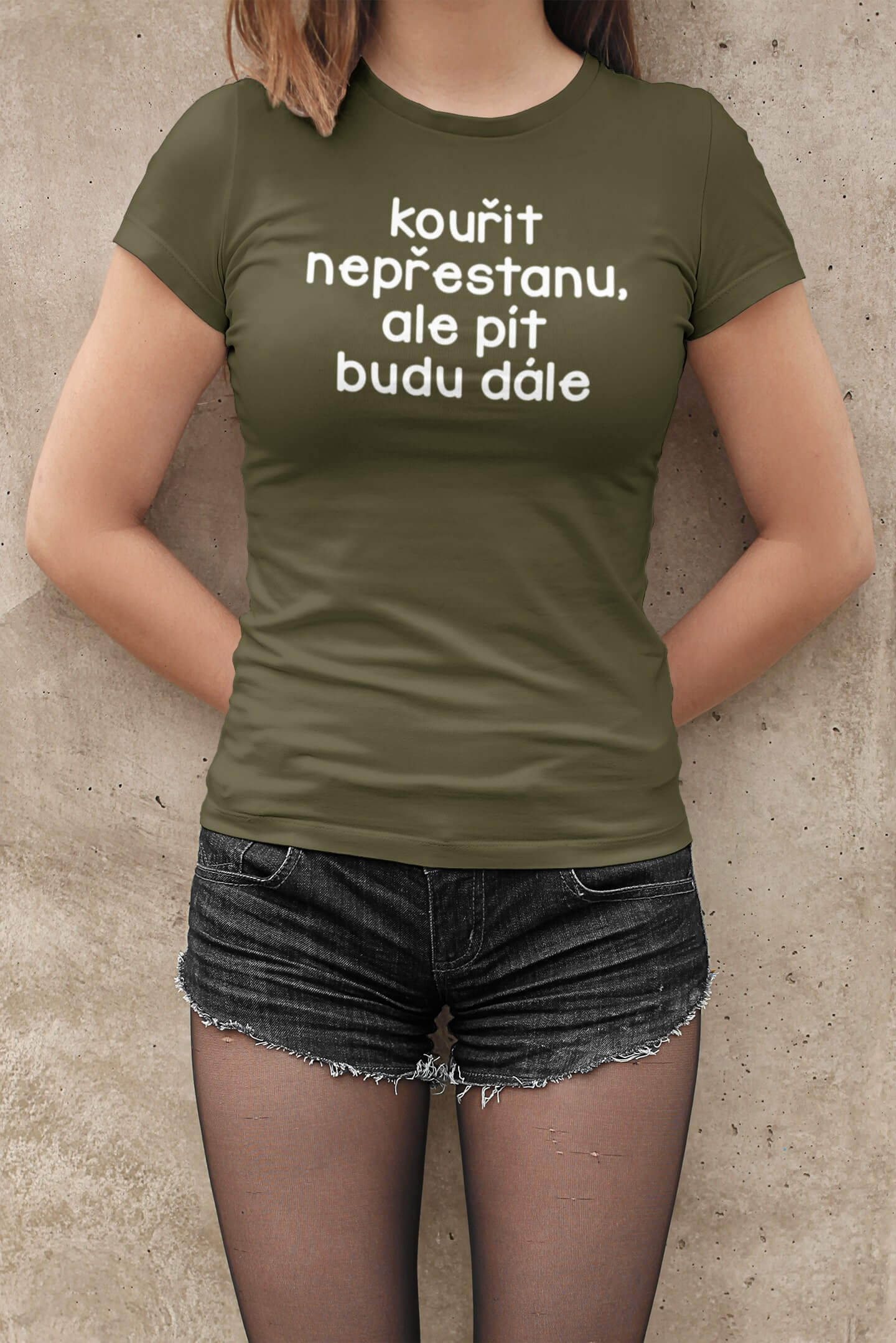 Levně Dámské tričko Kouřit nepřestanu Barva: Khaki
