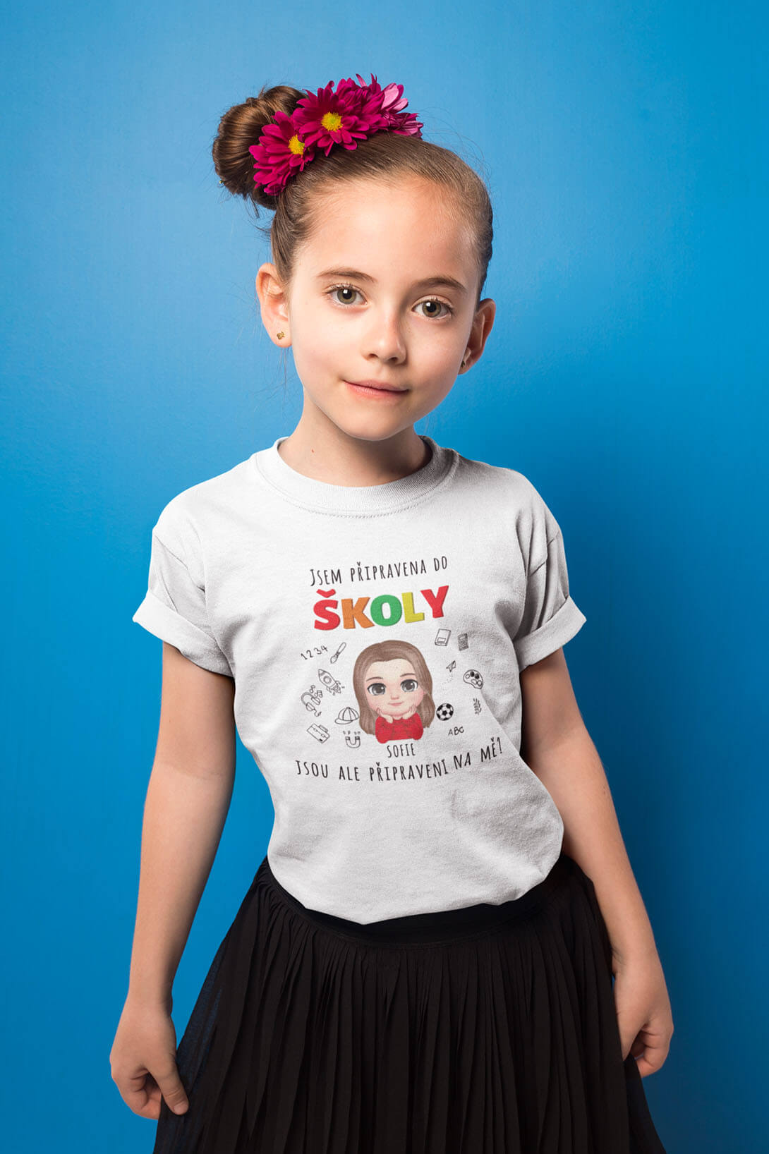 Dívčí tričko Připravena do školy s vlastním jménem Barva: Bíla