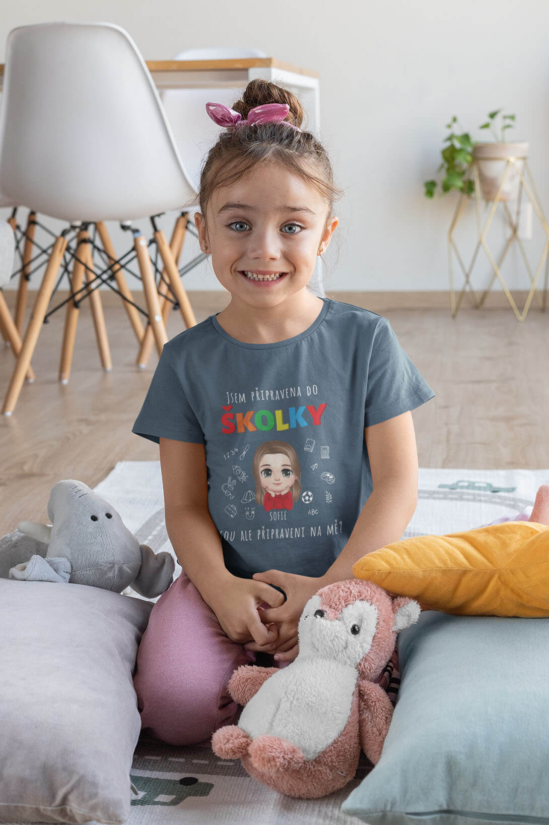 Dívčí tričko Připravena do školky s vlastním jménem Barva: Denim