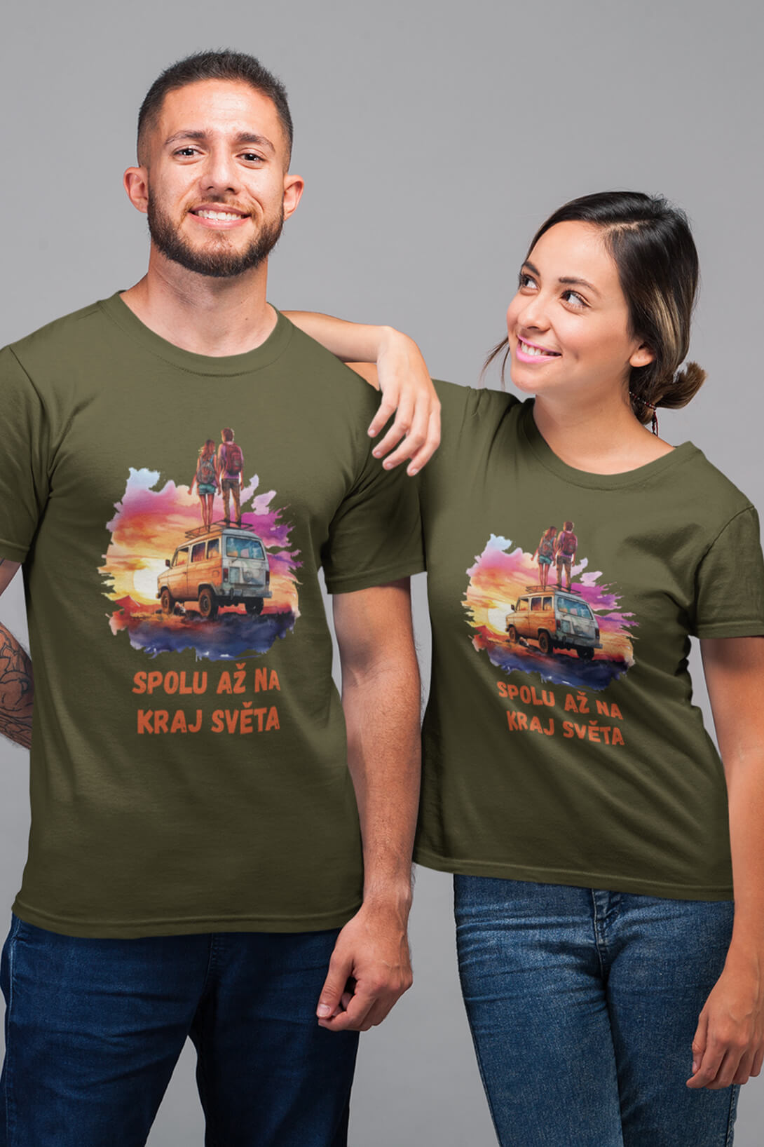 Trička pro páry Spolu až na kraj světa Barva: Khaki, Dámska velikost: L, Pánska velikost: 4XL