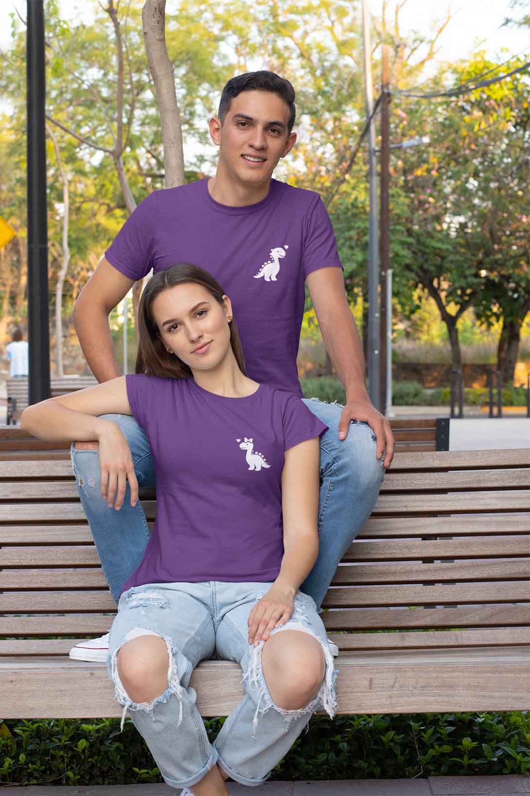 Trička pro páry Dinosauři Barva: Fialová, Dámska velikost: 2XL, Pánska velikost: 4XL