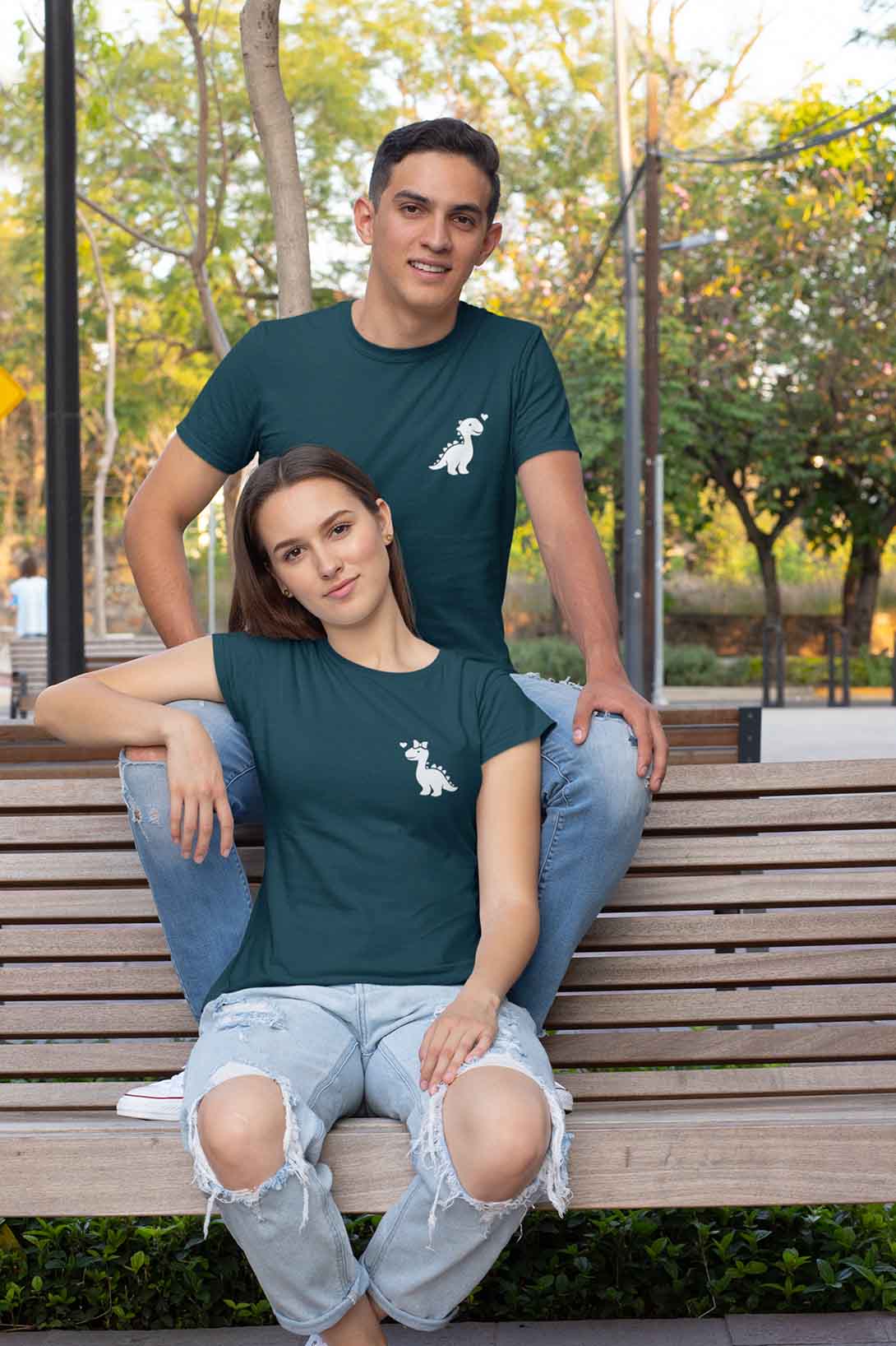 Trička pro páry Dinosauři Barva: Petrolejová, Dámska velikost: M, Pánska velikost: S