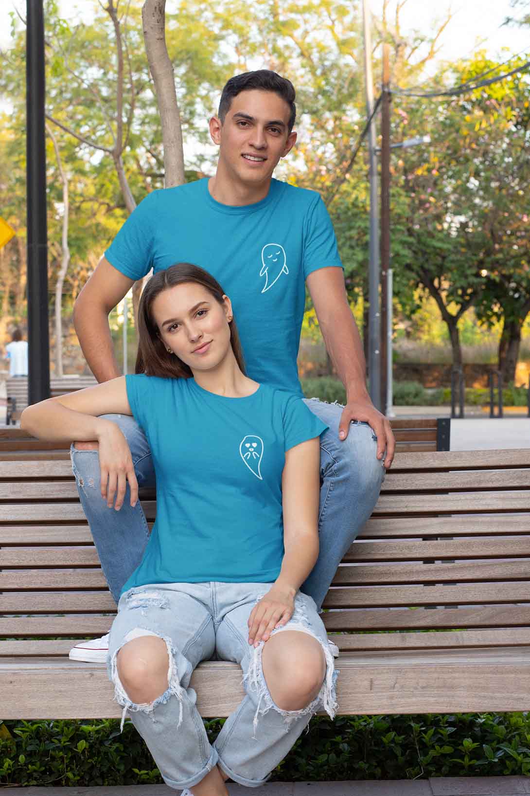 Trička pro páry duchové Barva: Tyrkysová, Dámska velikost: L, Pánska velikost: 2XL