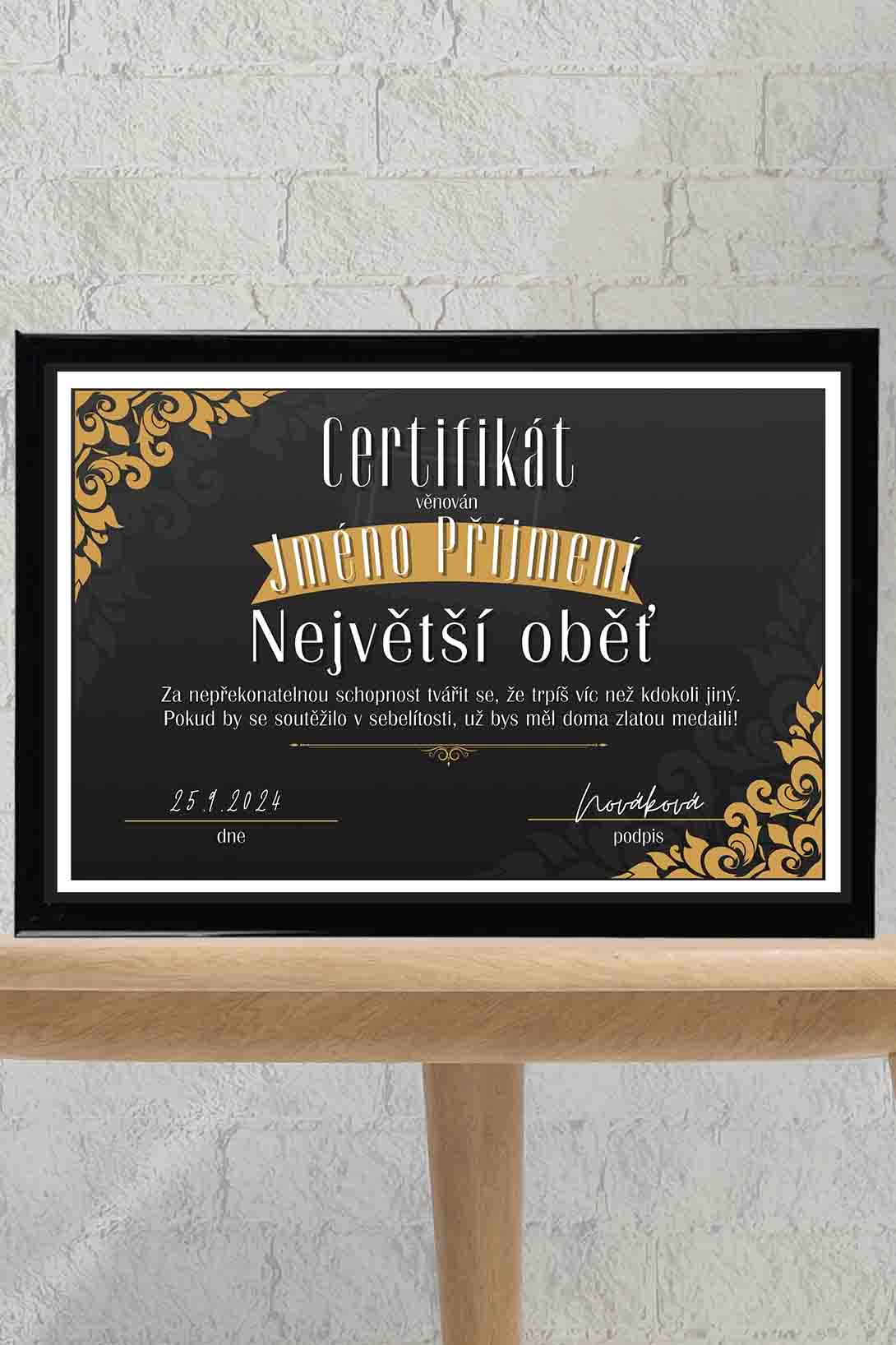 Levně Certifikát Největší oběť Barva: Černá, Pro koho: Pro muže