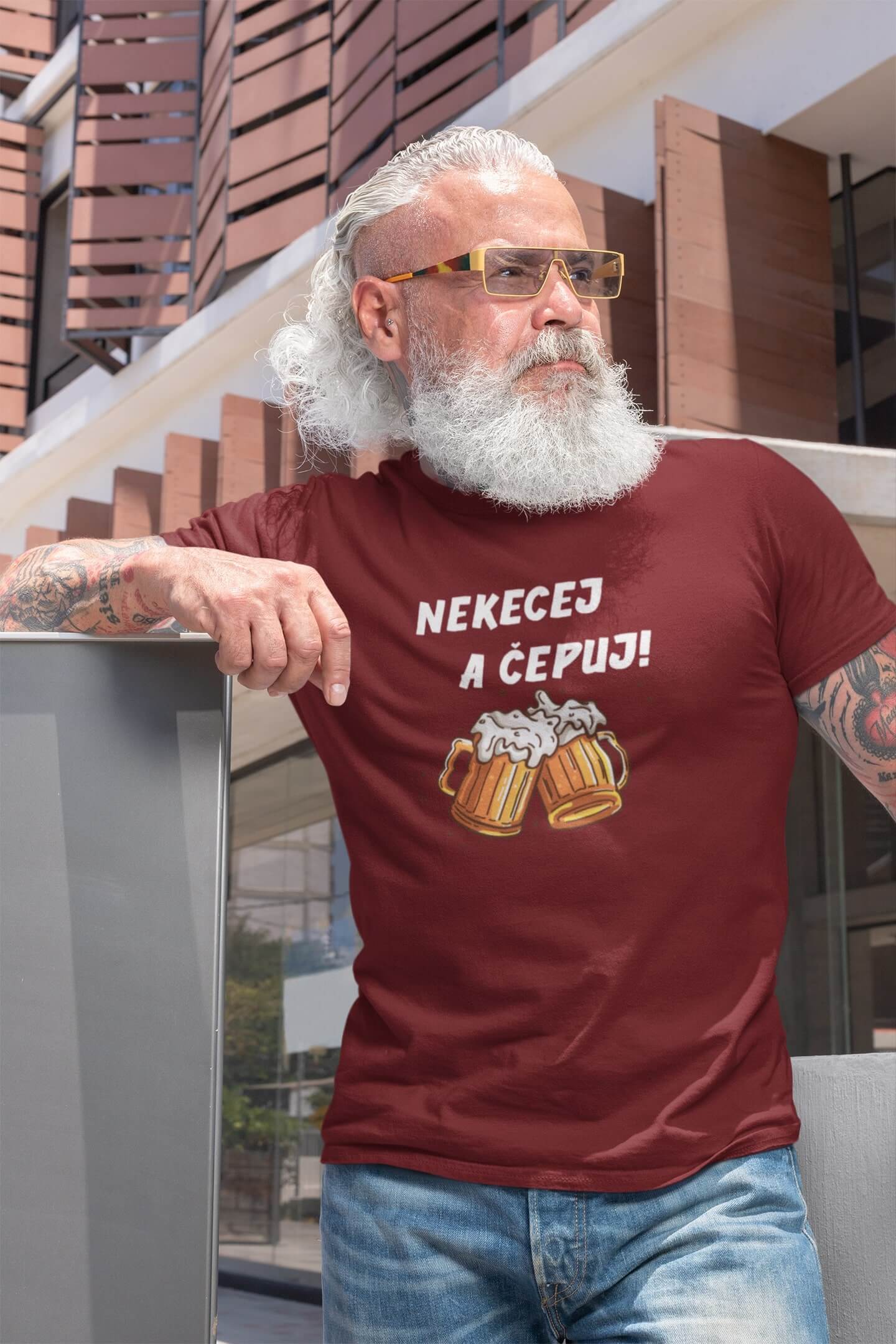 Pánské tričko Nekecej a čepuj! Barva: Bordová, Velikost: 3XL