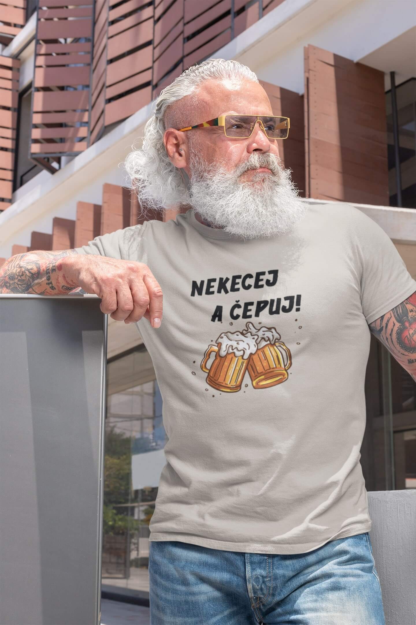 Pánské tričko Nekecej a čepuj! Barva: Ledově šedá, Velikost: M