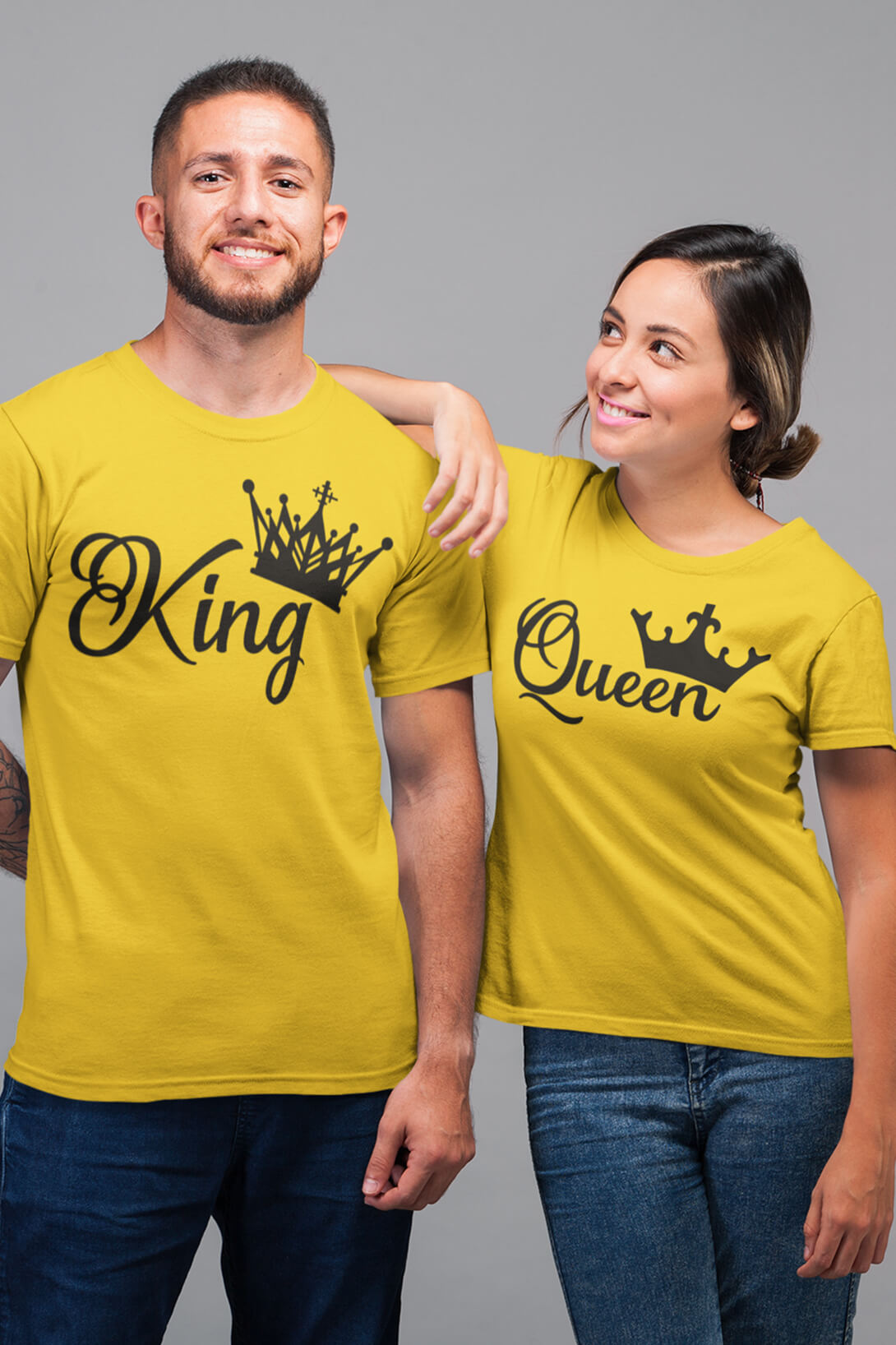 Trička pro páry King Queen Barva: Žlutá, Dámska velikost: S, Pánska velikost: 2XL