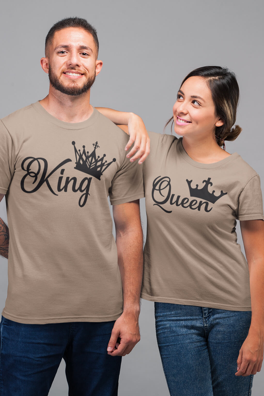 Trička pro páry King Queen Barva: Písková, Dámska velikost: 2XL, Pánska velikost: 4XL