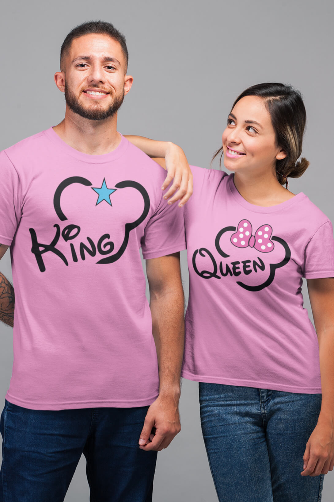 Trička pro páry King Queen Mickey Barva: Růžová, Dámska velikost: M, Pánska velikost: XS