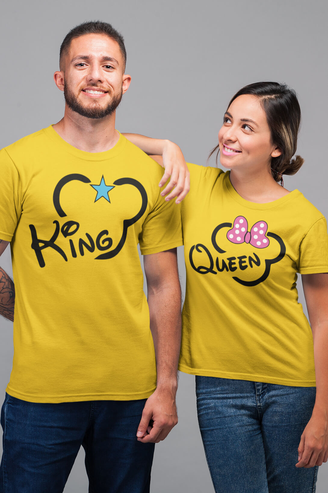 Trička pro páry King Queen Mickey Barva: Žlutá, Dámska velikost: XL, Pánska velikost: XS