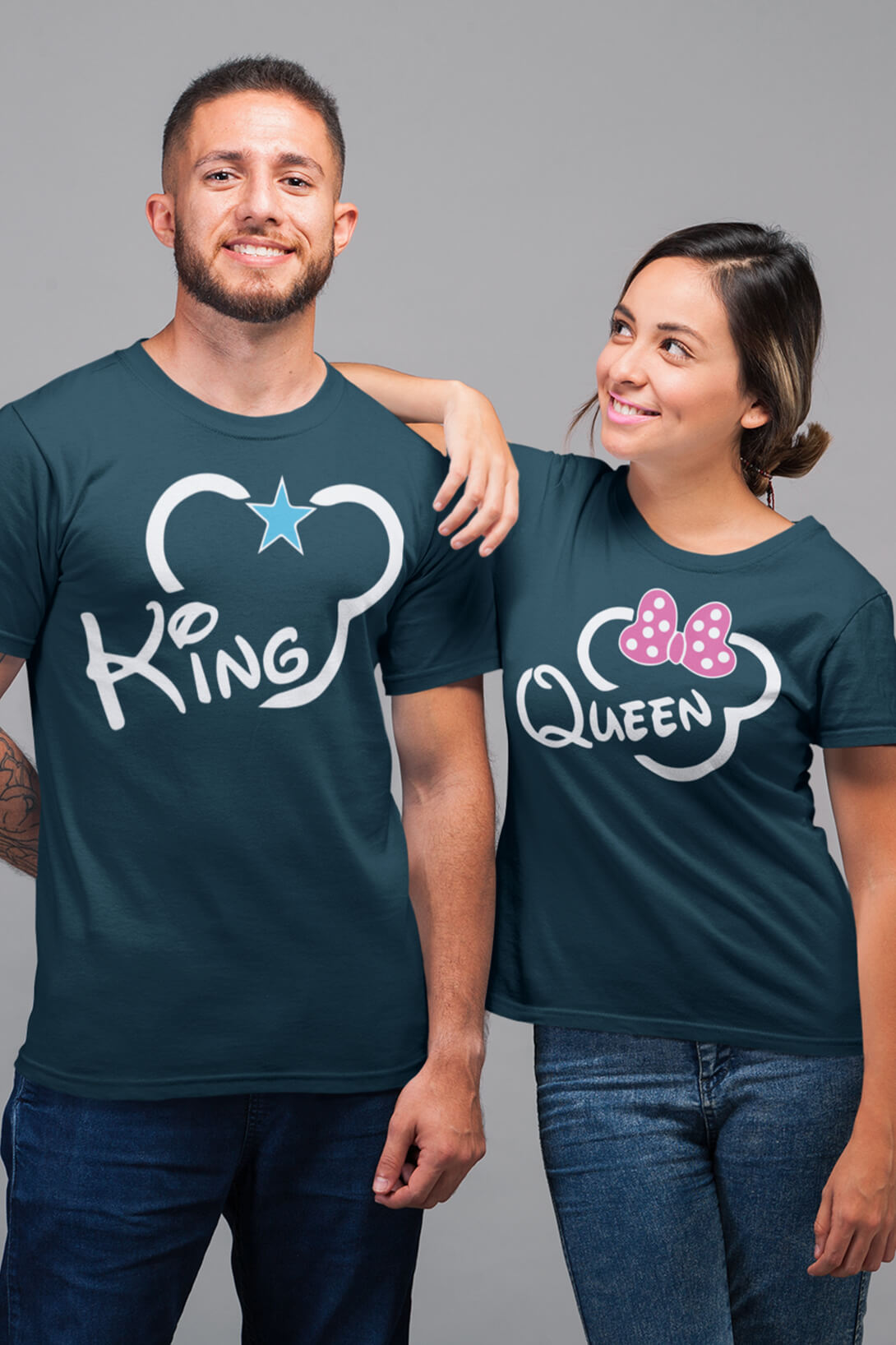 Trička pro páry King Queen Mickey Barva: Petrolejová, Dámska velikost: M, Pánska velikost: XS