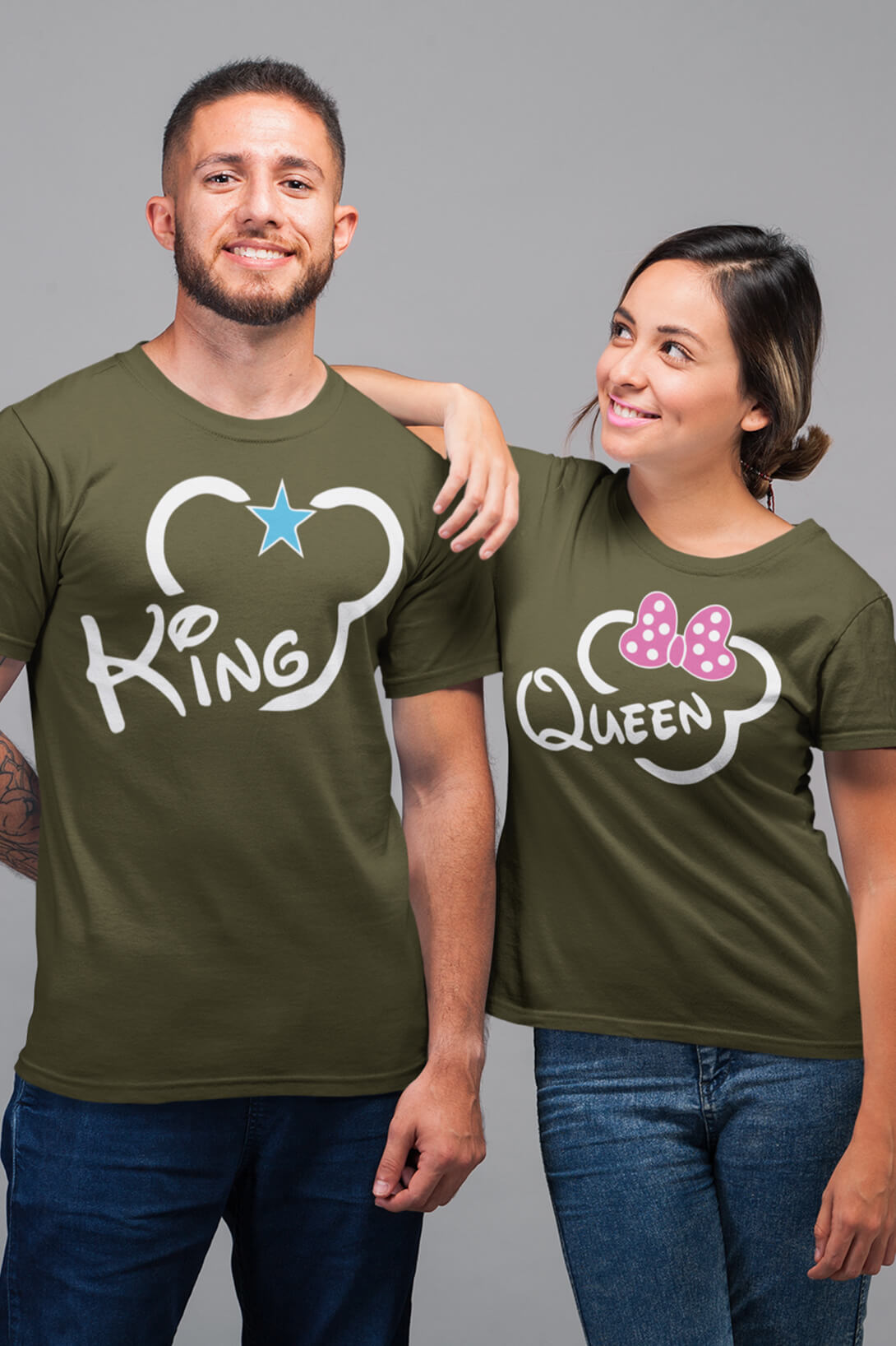 Trička pro páry King Queen Mickey Barva: Khaki, Dámska velikost: M, Pánska velikost: XS