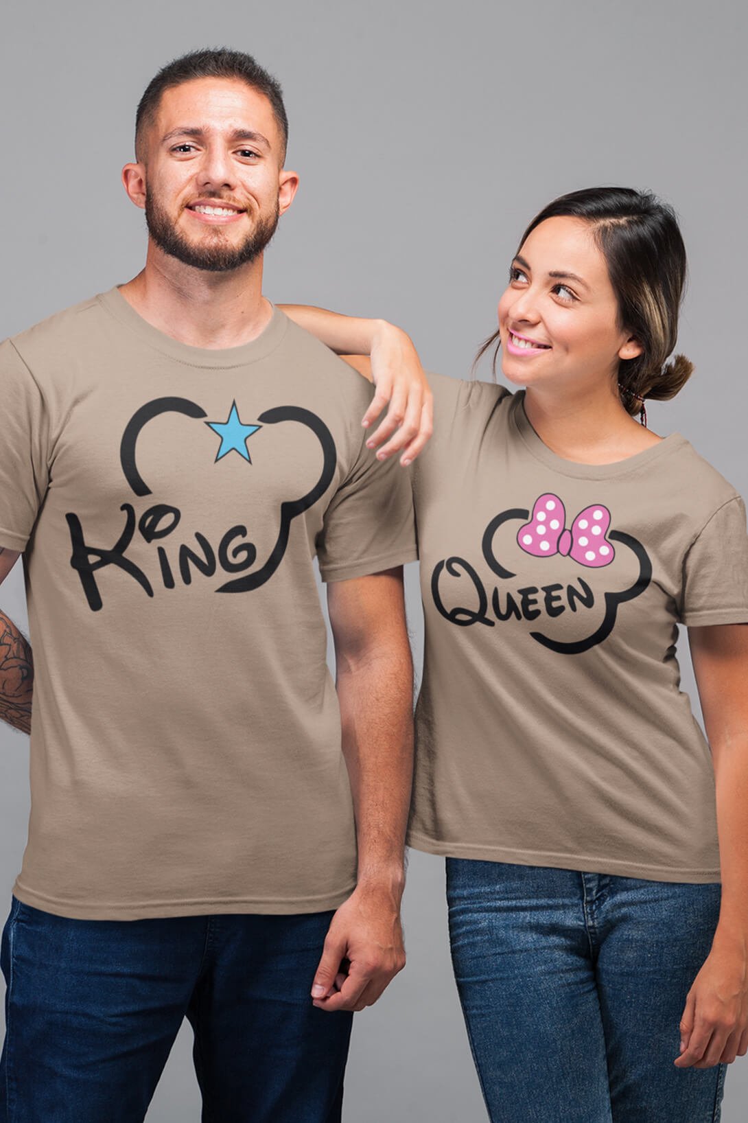 Trička pro páry King Queen Mickey Barva: Písková, Dámska velikost: S, Pánska velikost: L