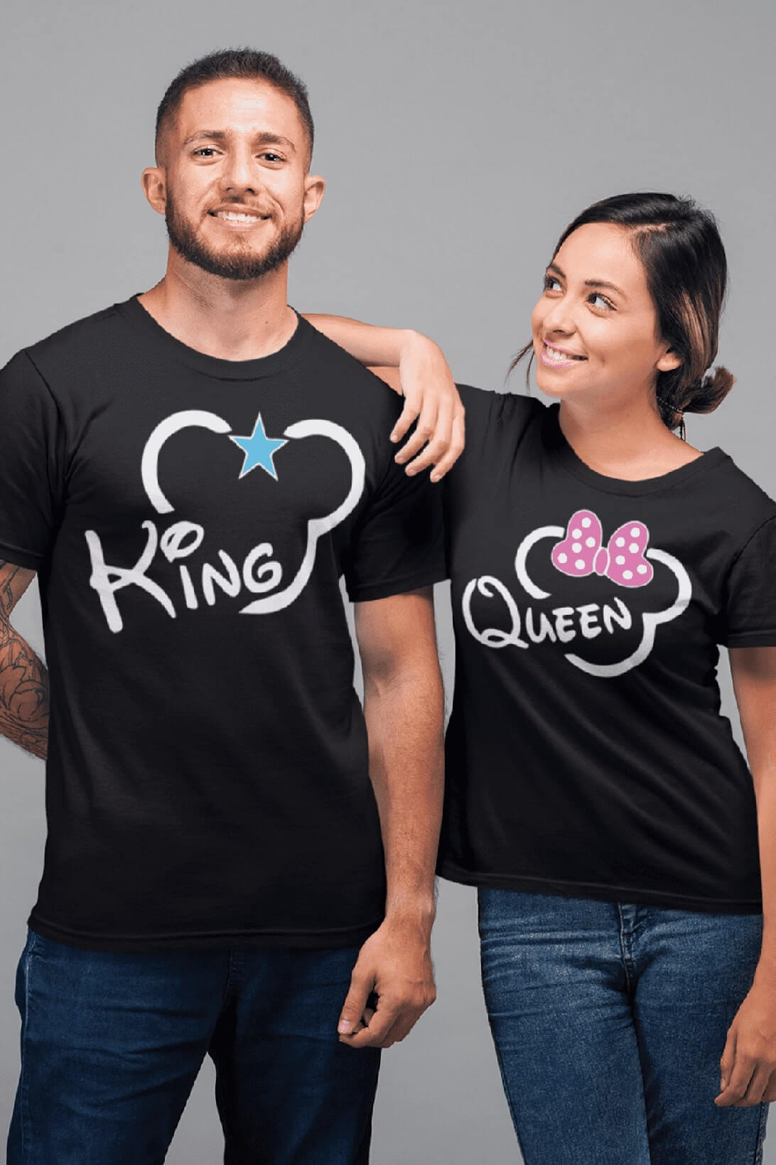 Trička pro páry King Queen Mickey Barva: Černá, Dámska velikost: S, Pánska velikost: 4XL