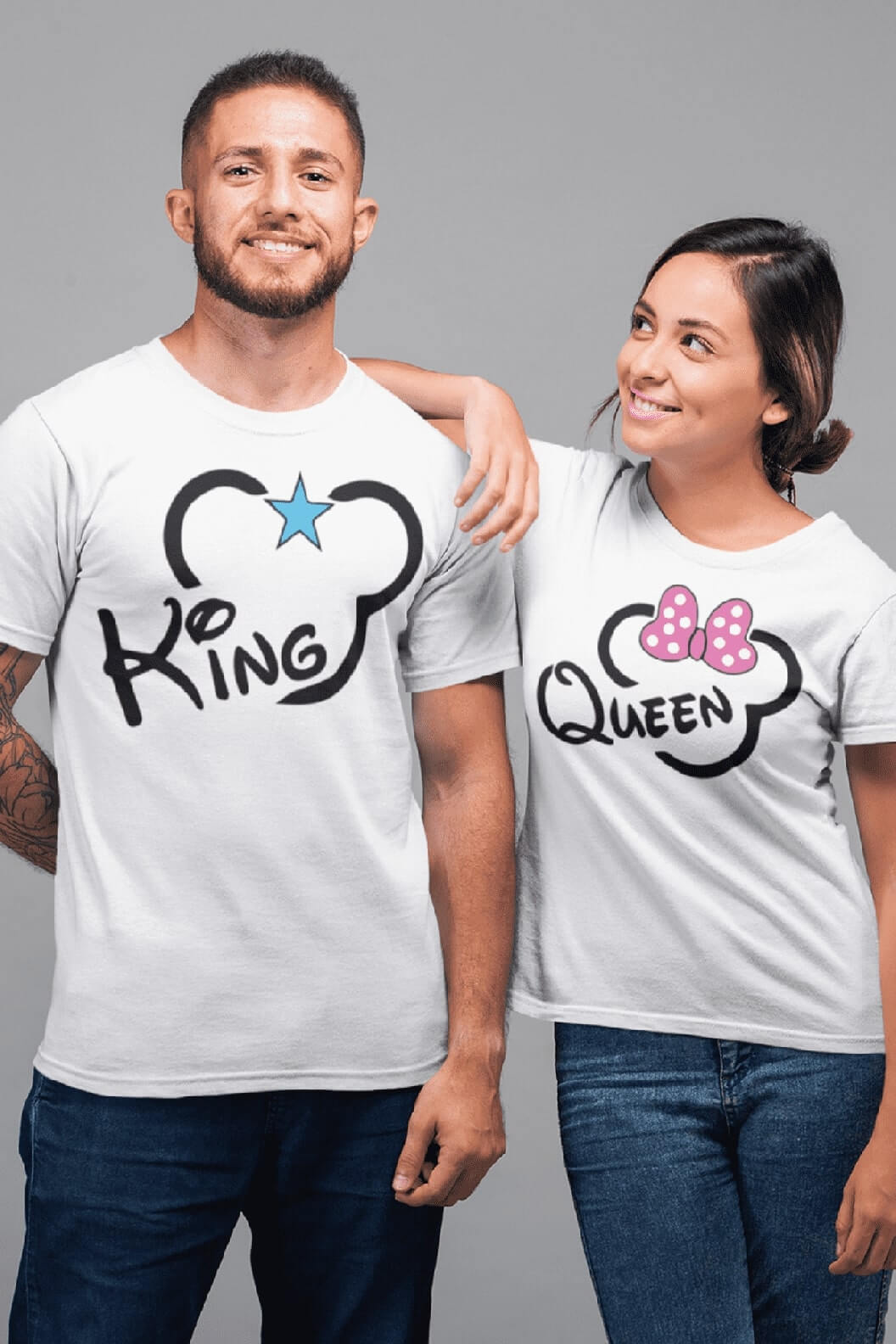 Trička pro páry King Queen Mickey Barva: Bílá, Dámska velikost: S, Pánska velikost: 3XL