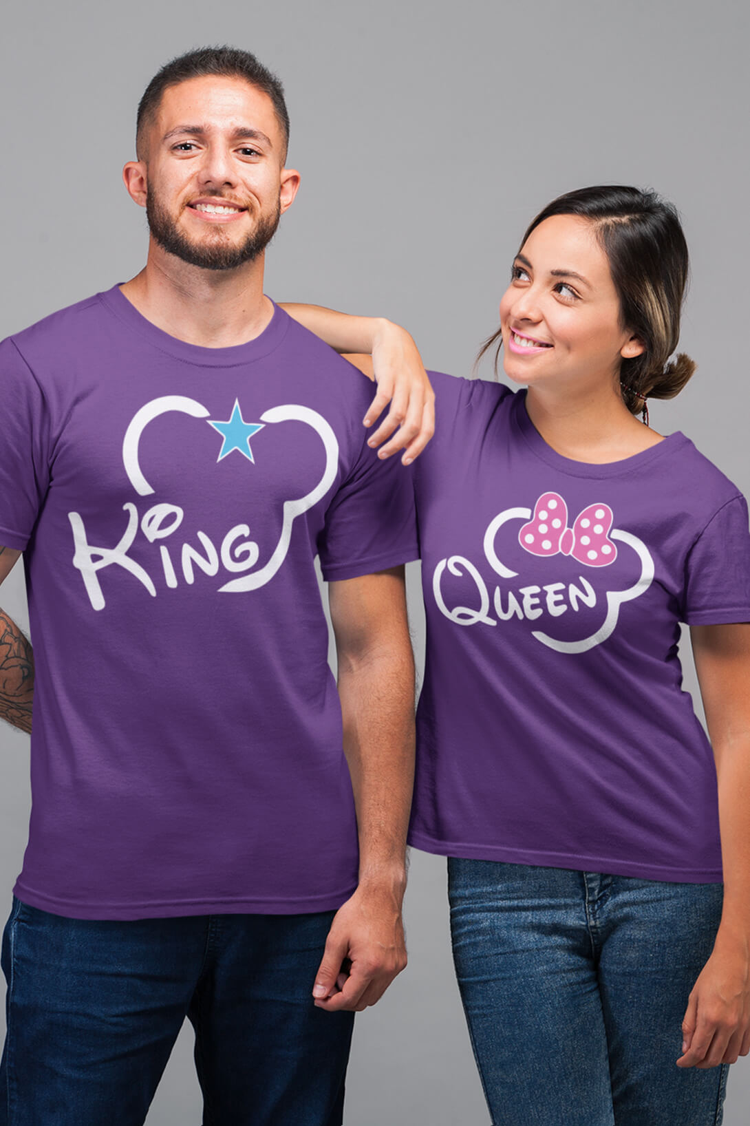 Trička pro páry King Queen Mickey Barva: Fialová, Dámska velikost: 2XL, Pánska velikost: XS