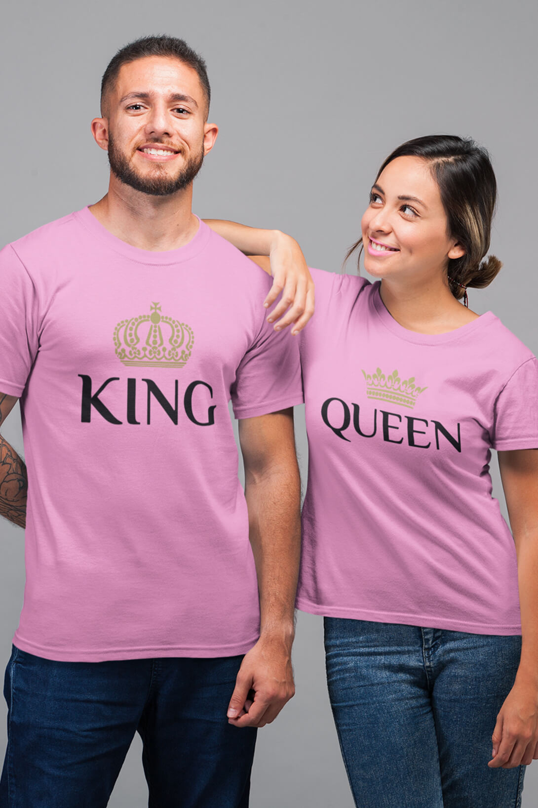 Trička pro páry King Queen Gold Barva: Růžová, Dámska velikost: 2XL, Pánska velikost: 4XL