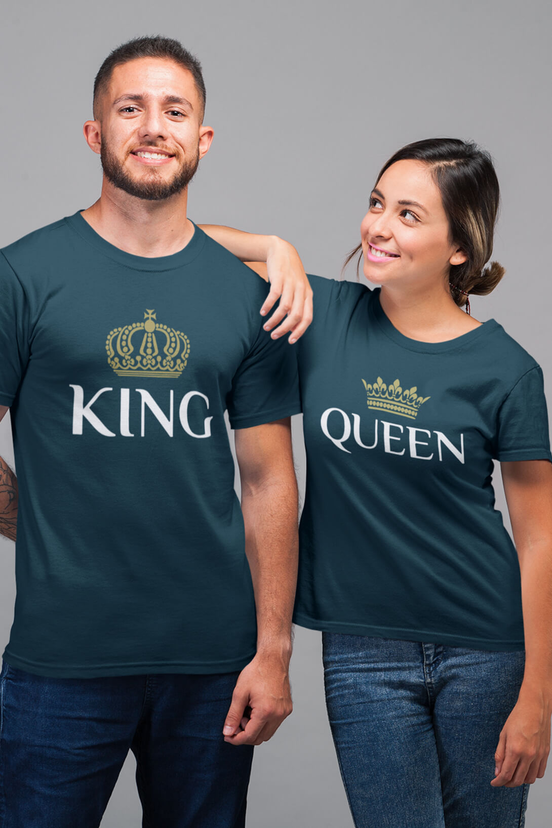 Trička pro páry King Queen Gold Barva: Petrolejová, Dámska velikost: M, Pánska velikost: 4XL