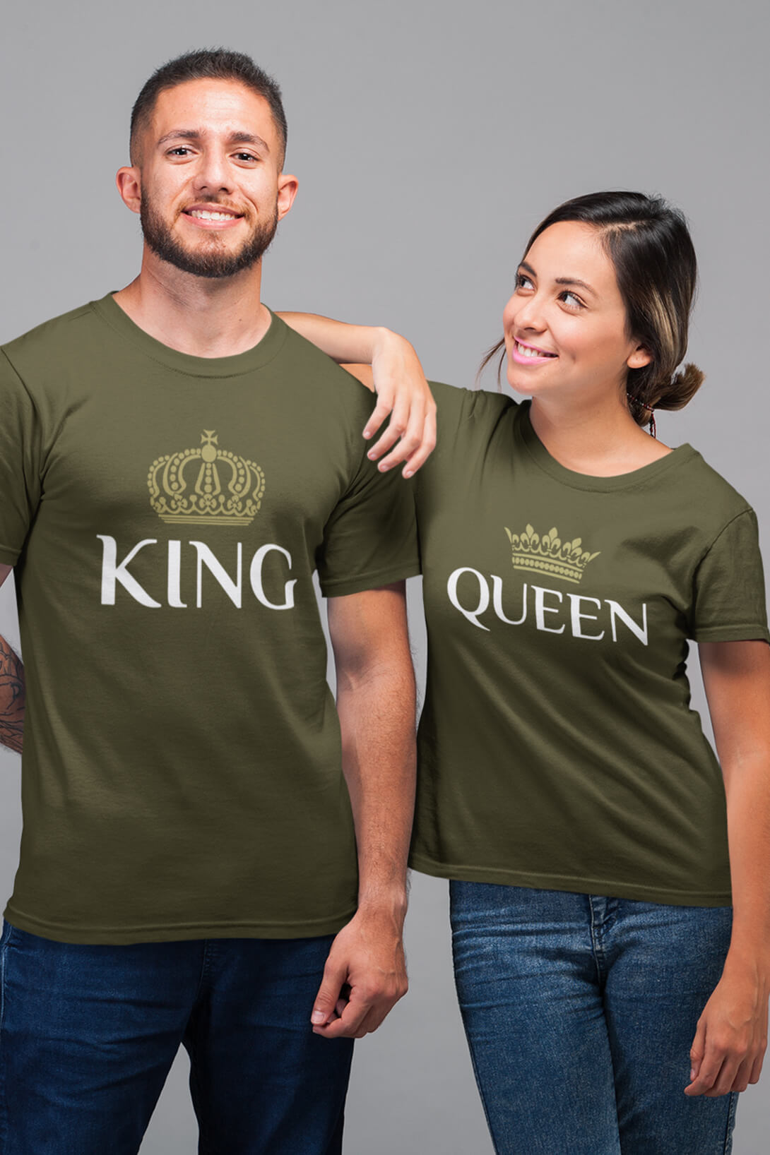 Trička pro páry King Queen Gold Barva: Khaki, Dámska velikost: M, Pánska velikost: 4XL