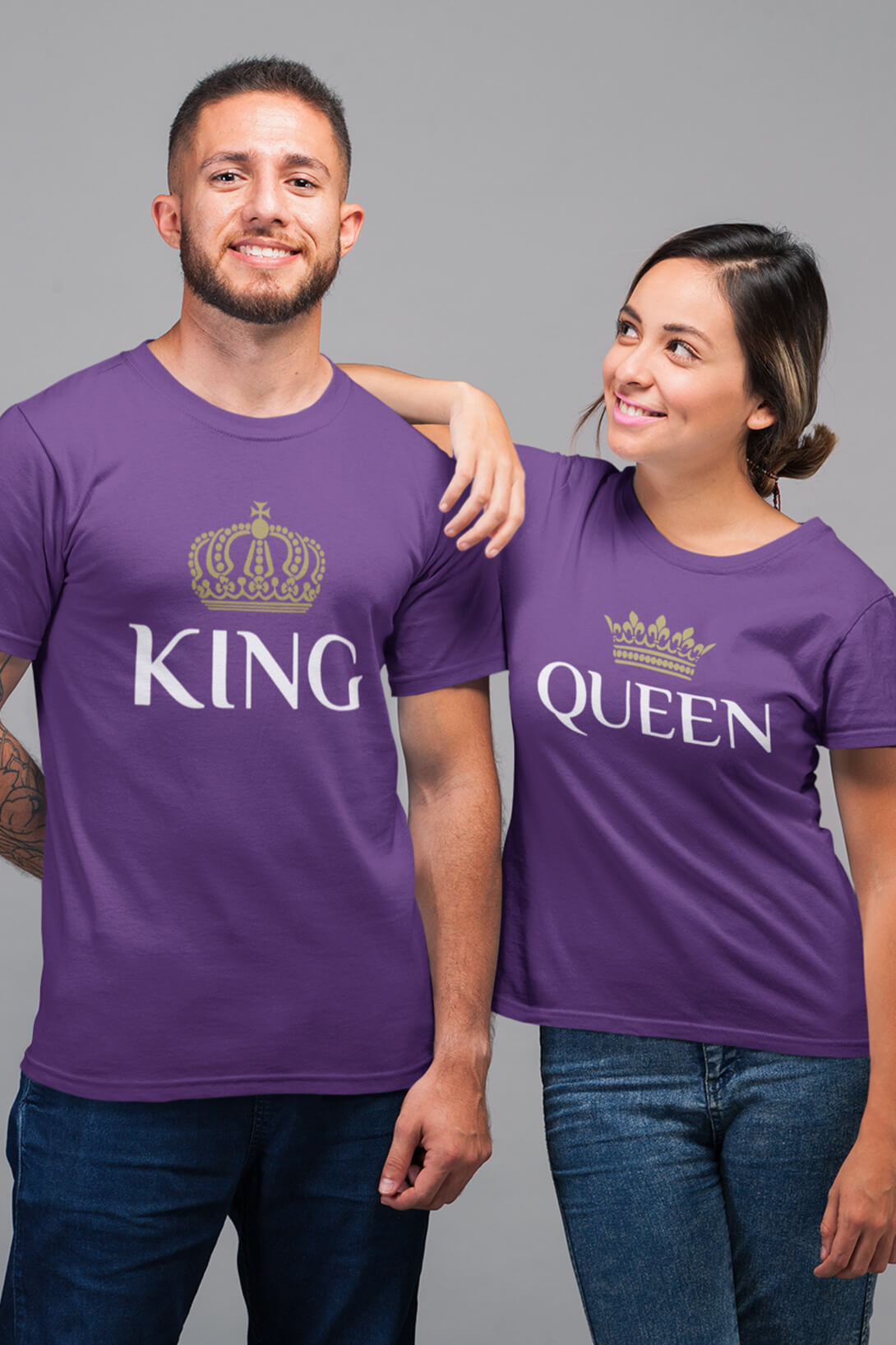 Trička pro páry King Queen Gold Barva: Fialová, Dámska velikost: XL, Pánska velikost: 4XL
