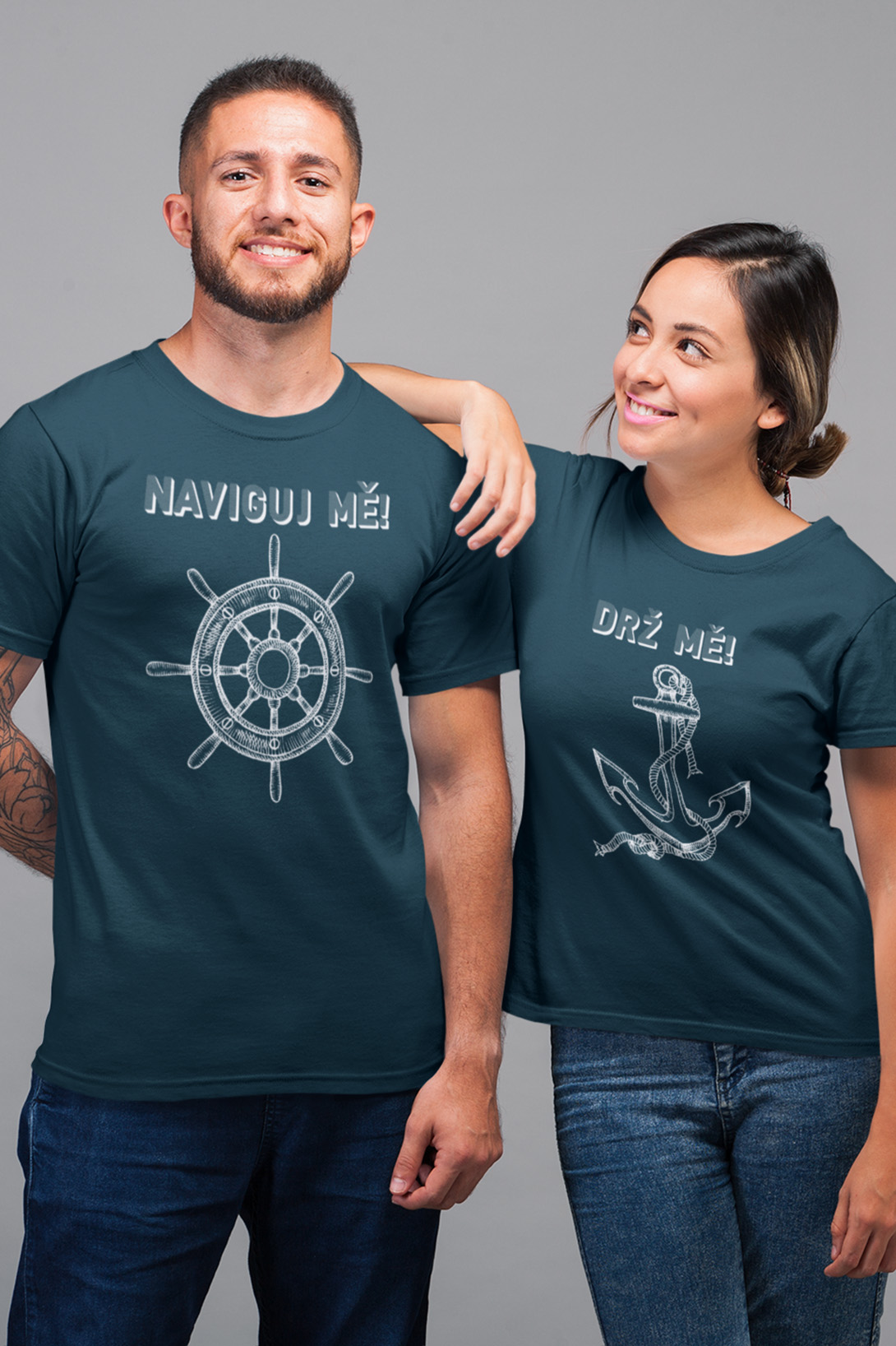 Trička pro páry Drž mě, naviguj mě Barva: Petrolejová, Dámska velikost: XL, Pánska velikost: S