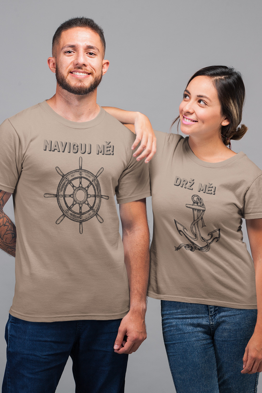 Trička pro páry Drž mě, naviguj mě Barva: Písková, Dámska velikost: XS, Pánska velikost: XL