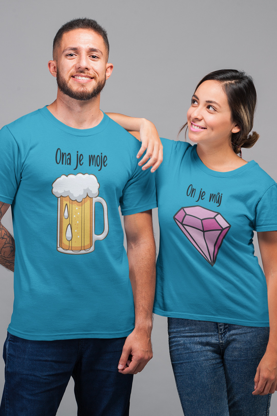 Trička pro páry Pivo a diamant Barva: Tyrkysová, Dámska velikost: 2XL, Pánska velikost: 3XL
