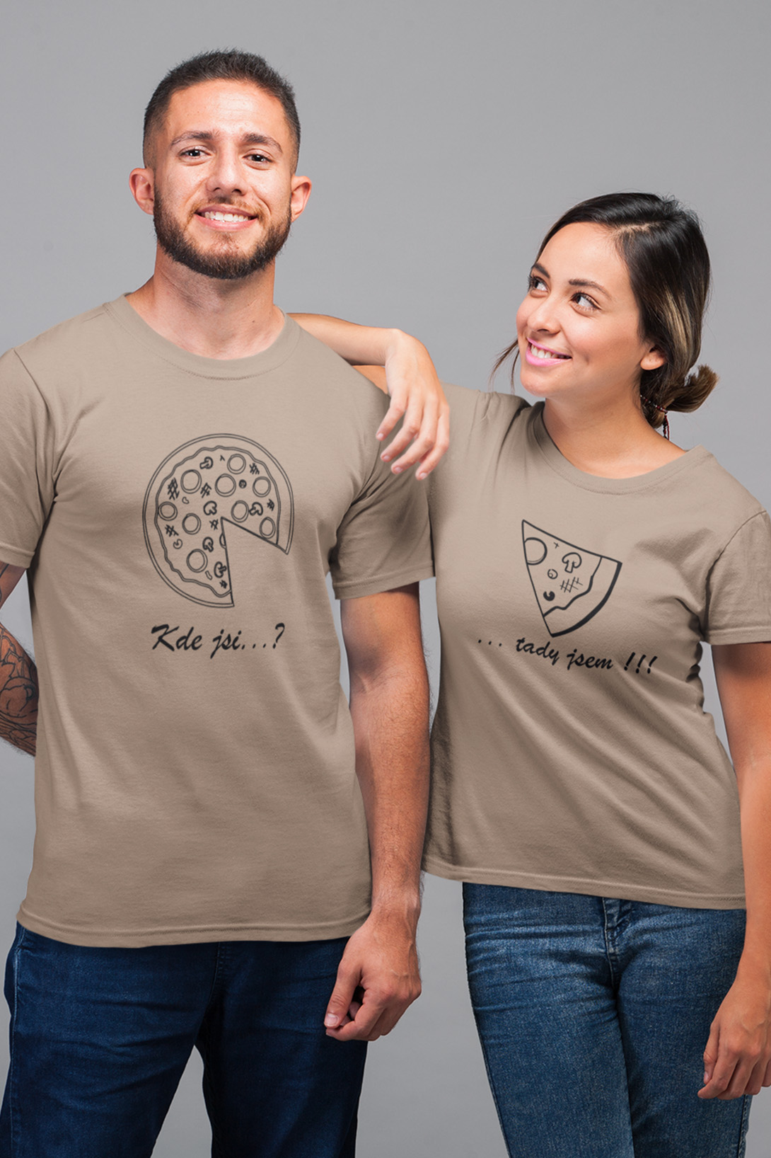 Trička pro páry Pizza Barva: Písková, Dámska velikost: L, Pánska velikost: XL