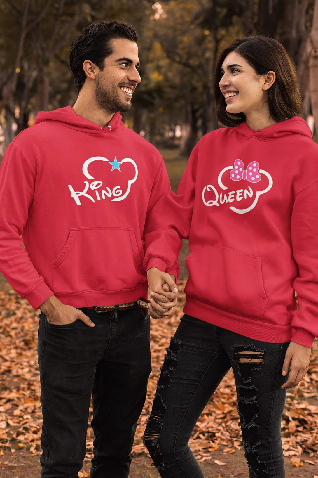 Mikiny pro páry King Queen Mickey Barva: Červená, Dámska velikost: XS, Pánska velikost: L