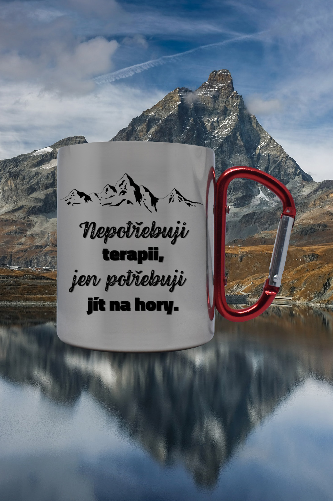 Termohrnek Nepotřebuji terapii Hrnek: Termohrnek s karabínkou- šedý