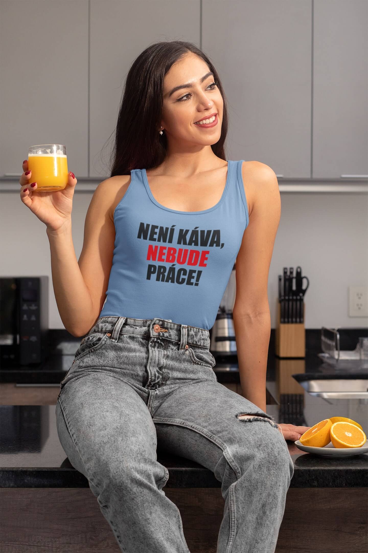 Dámské tílko Není káva, nebude práce Barva: Světlemodrá, Velikost: S