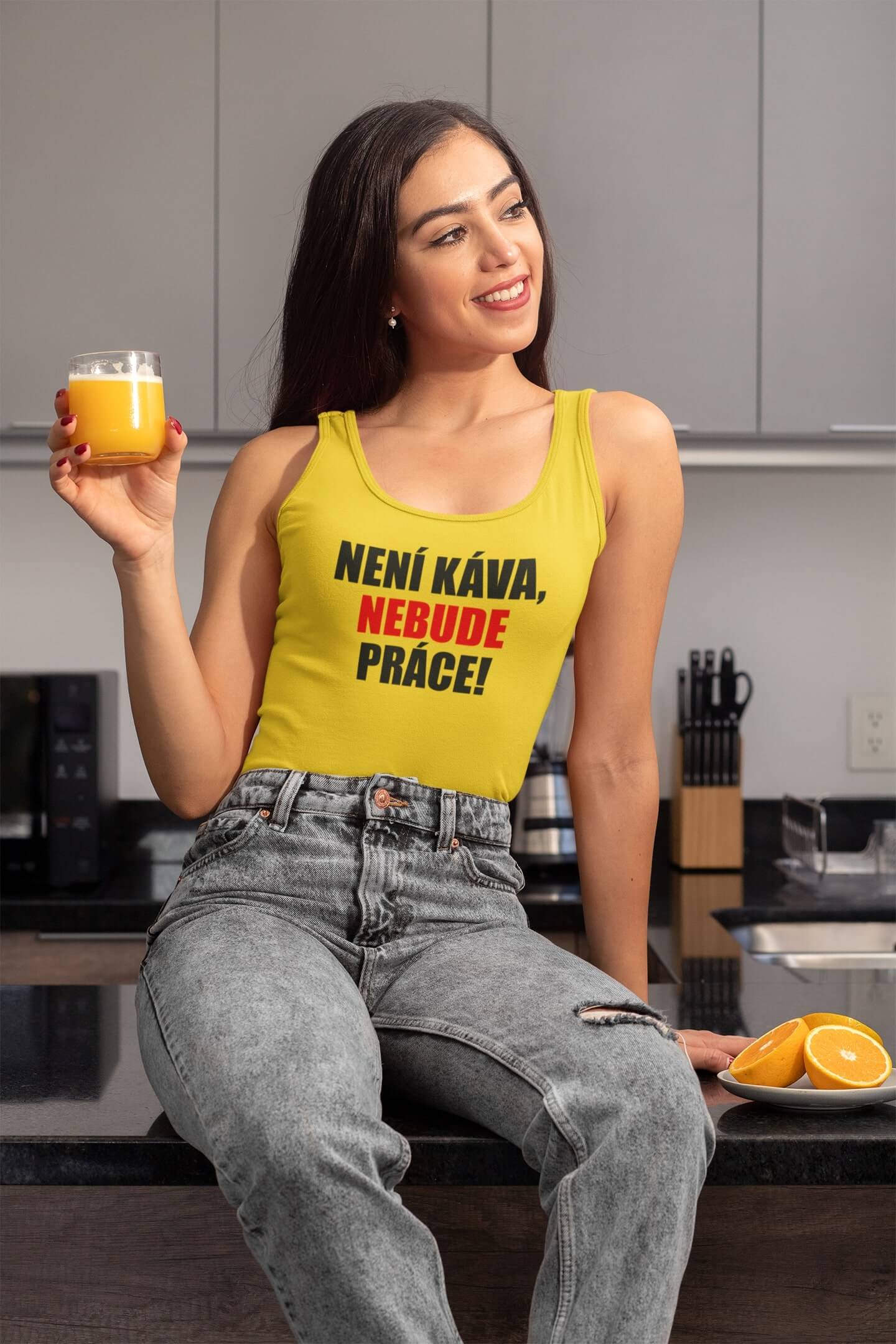 Dámské tílko Není káva, nebude práce Barva: Žlutá, Velikost: S