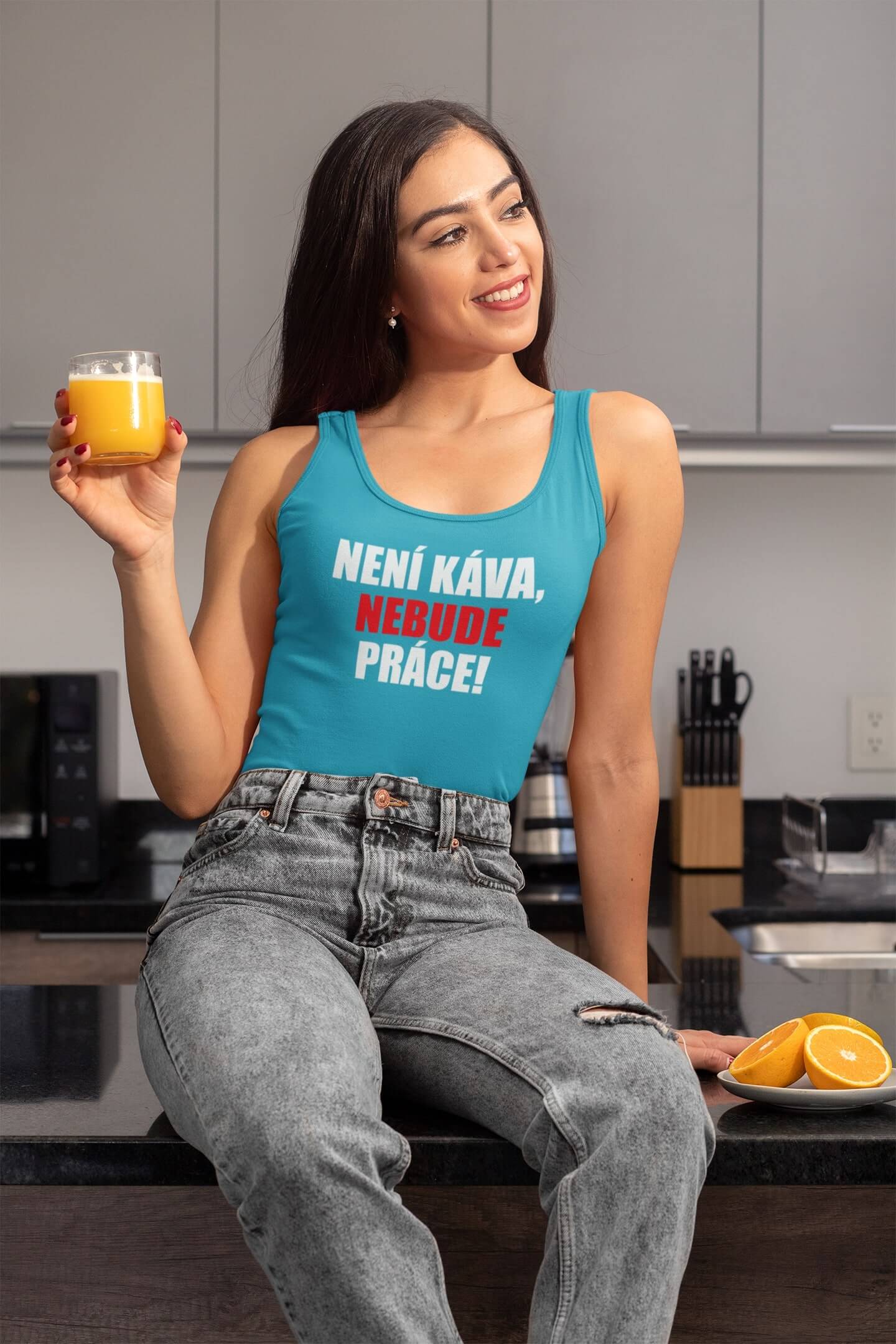 Dámské tílko Není káva, nebude práce Barva: Tyrkysová, Velikost: XS