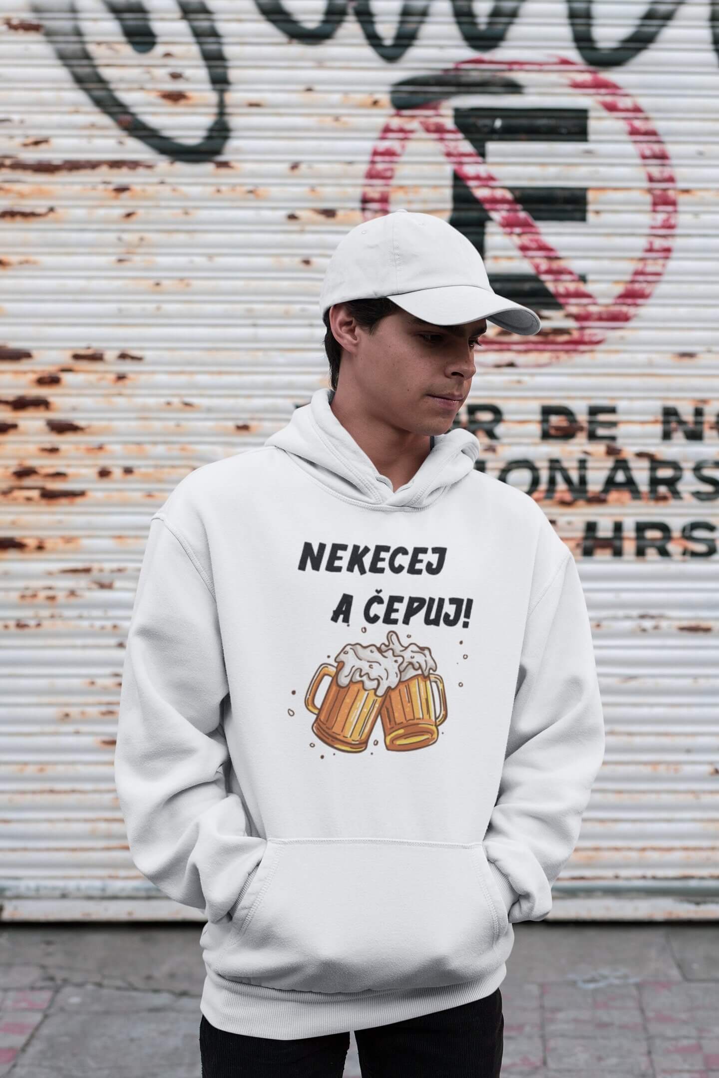 Levně Pánská mikina Nekecej a čepuj! Barva: Bíla