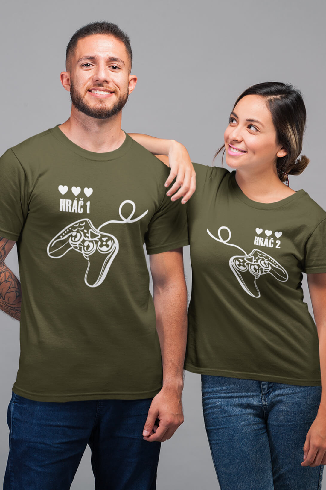 Trička pro páry Hráč Barva: Khaki, Dámska velikost: S, Pánska velikost: 4XL