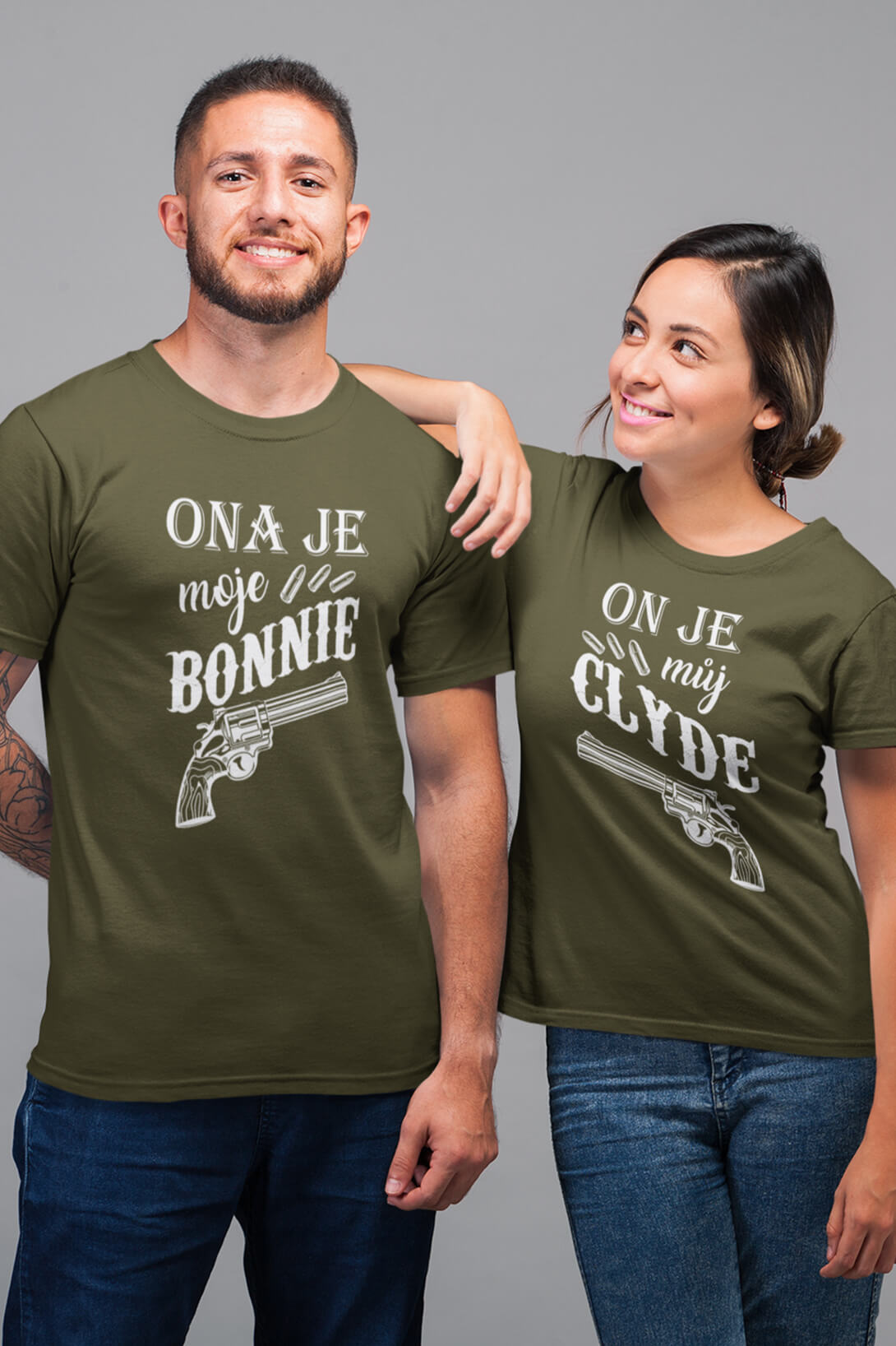 Trička pro páry Bonnie a Clyde Barva: Khaki, Dámska velikost: XS, Pánska velikost: S