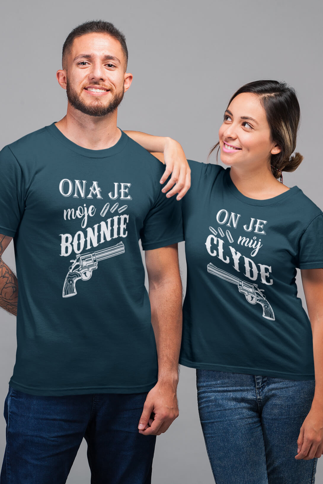 Trička pro páry Bonnie a Clyde Barva: Petrolejová, Dámska velikost: M, Pánska velikost: S